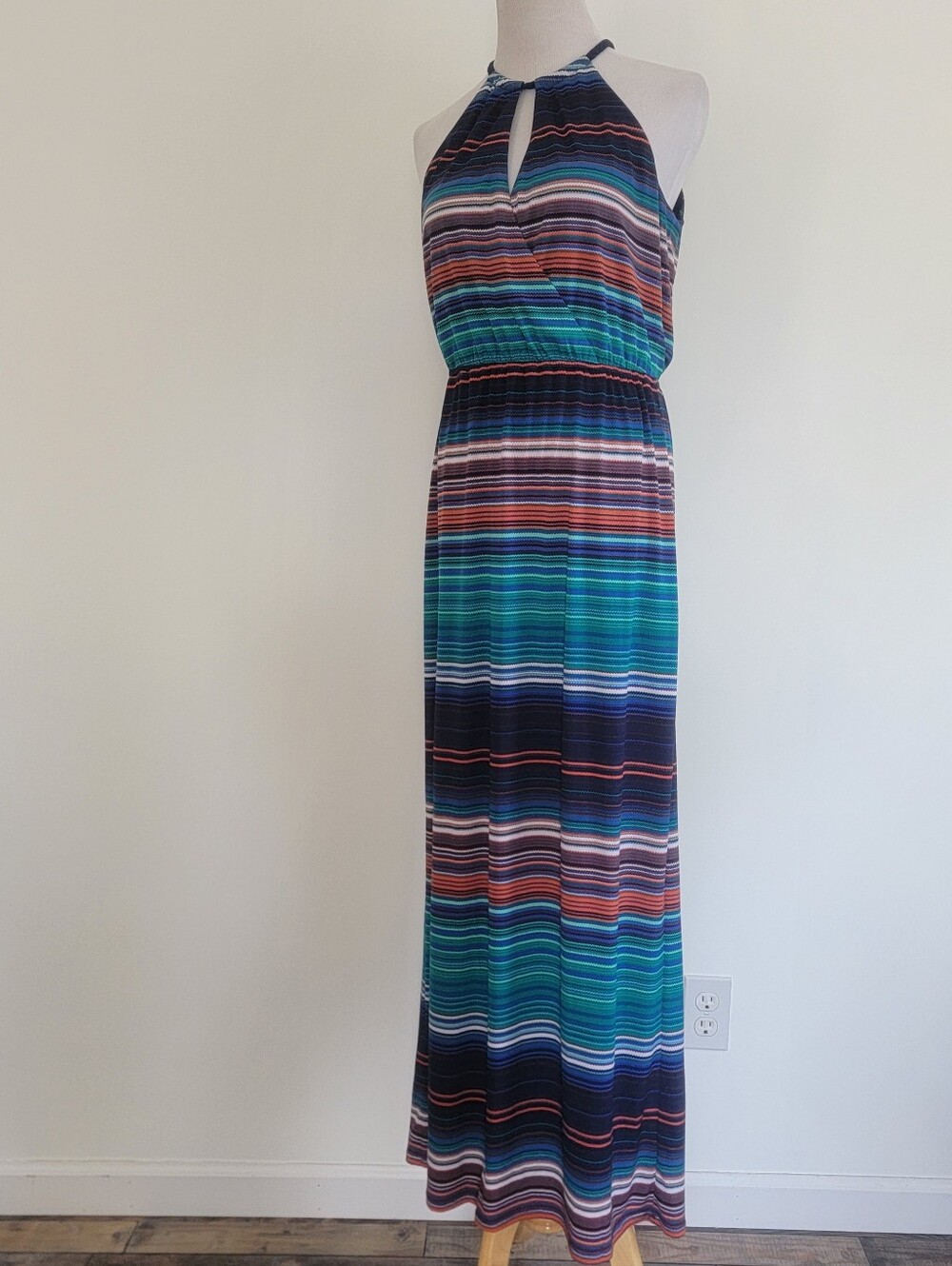 Striped Halter Maxi Dress Striped Patern Teal Navy Orange Stretchy Casual Evenin